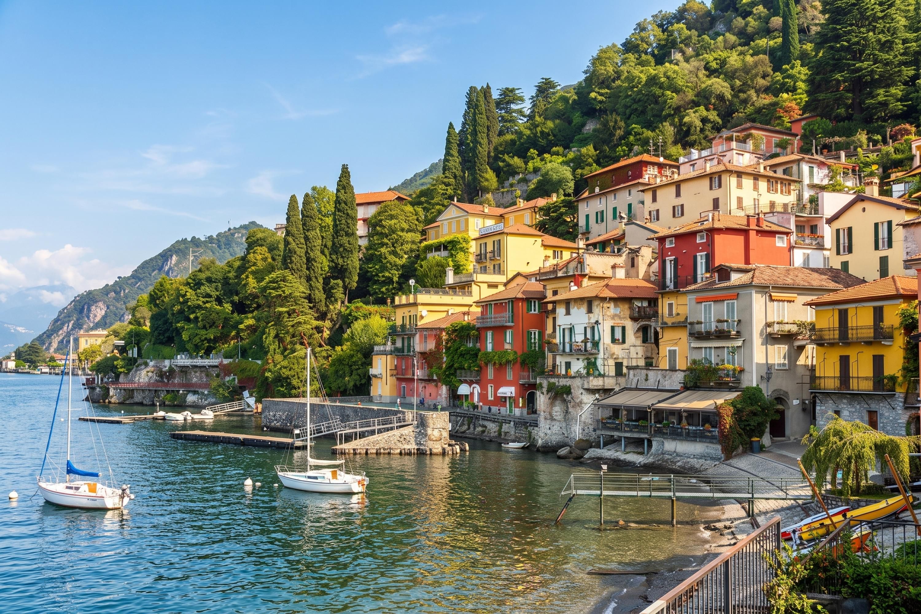 A coastal town with colorful buildings, a marina, and boats.