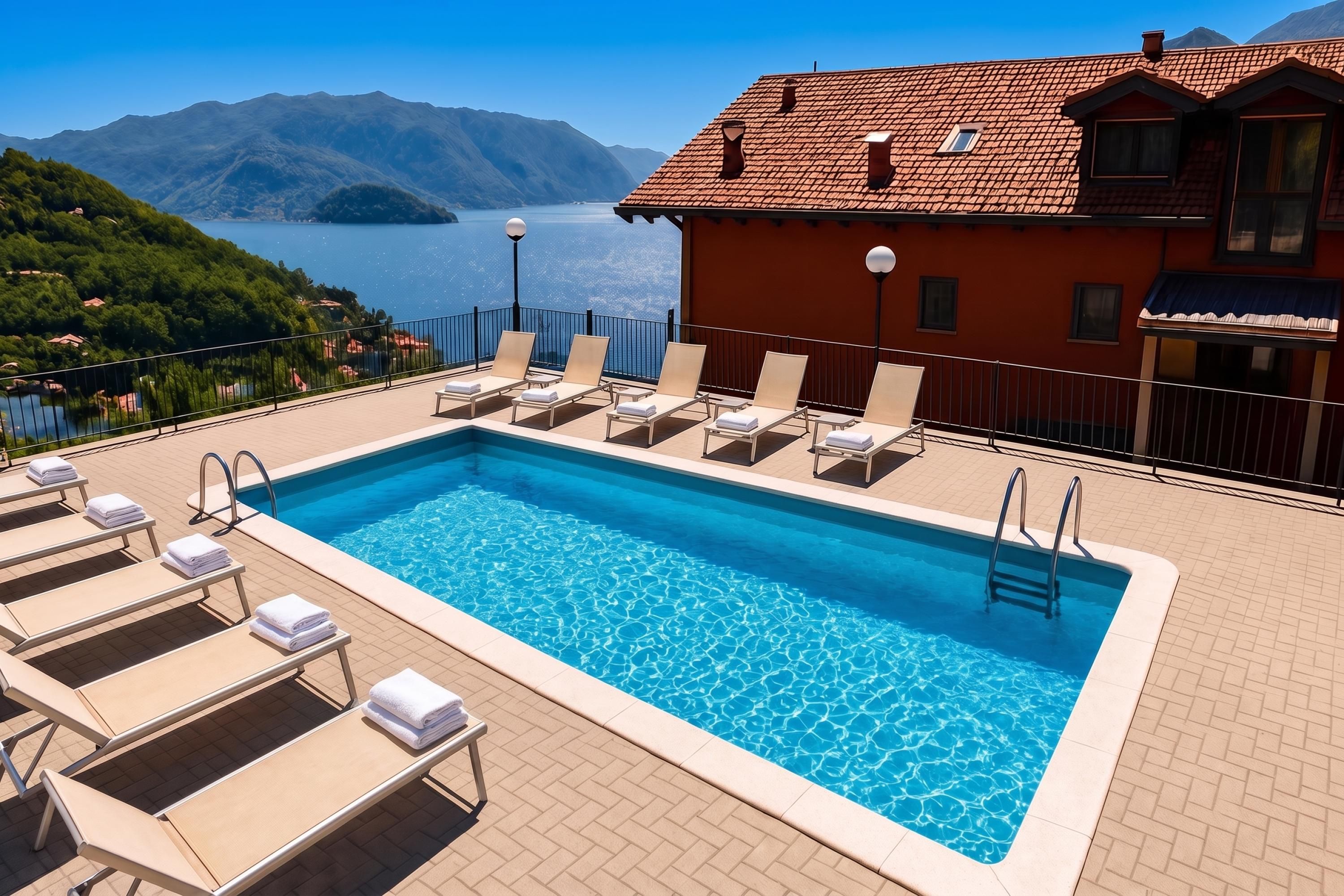 Una piscina con sillas de descanso y vistas a las montañas.