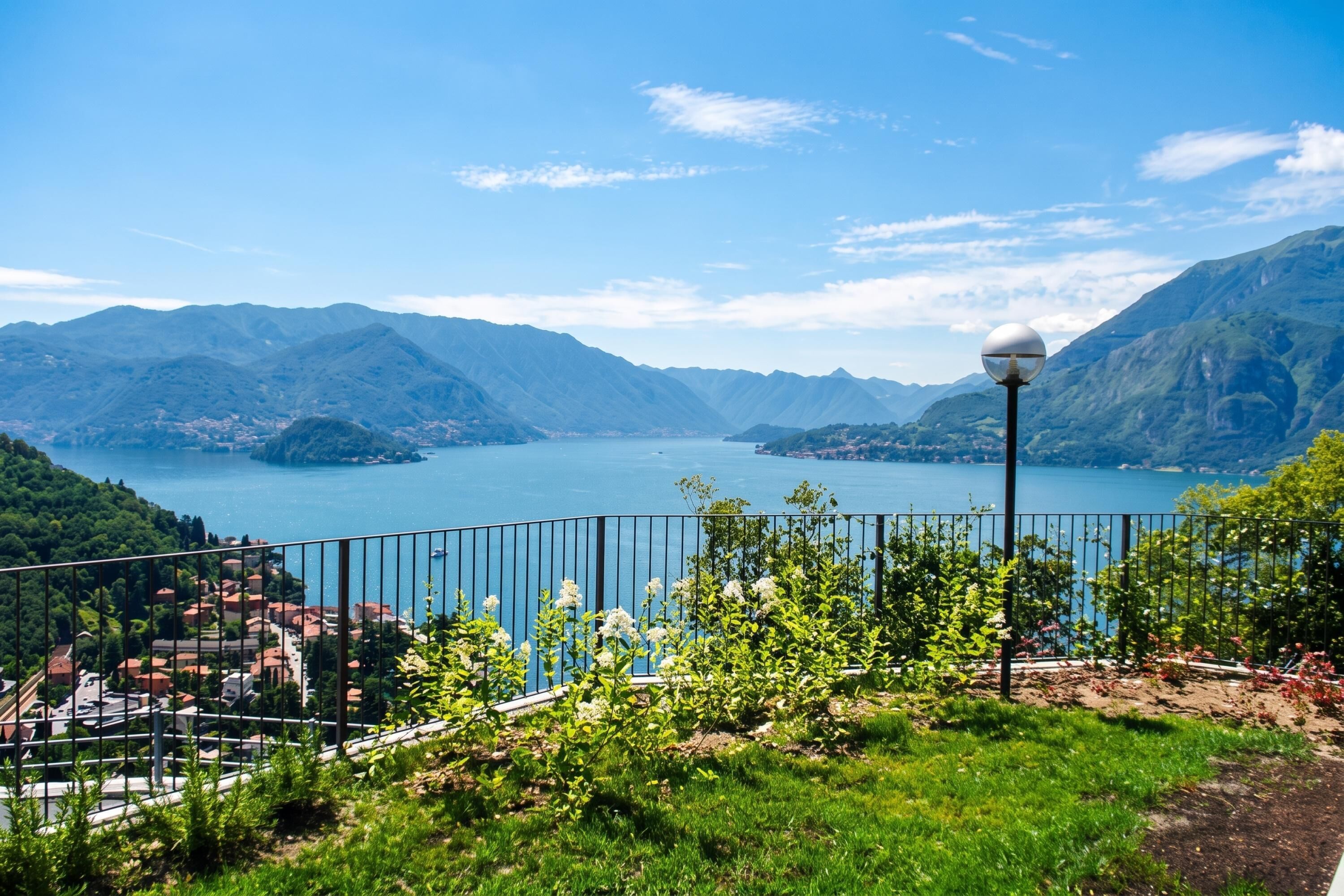 Una vista panorámica de un lago con montañas al fondo, una valla metálica y una farola.
