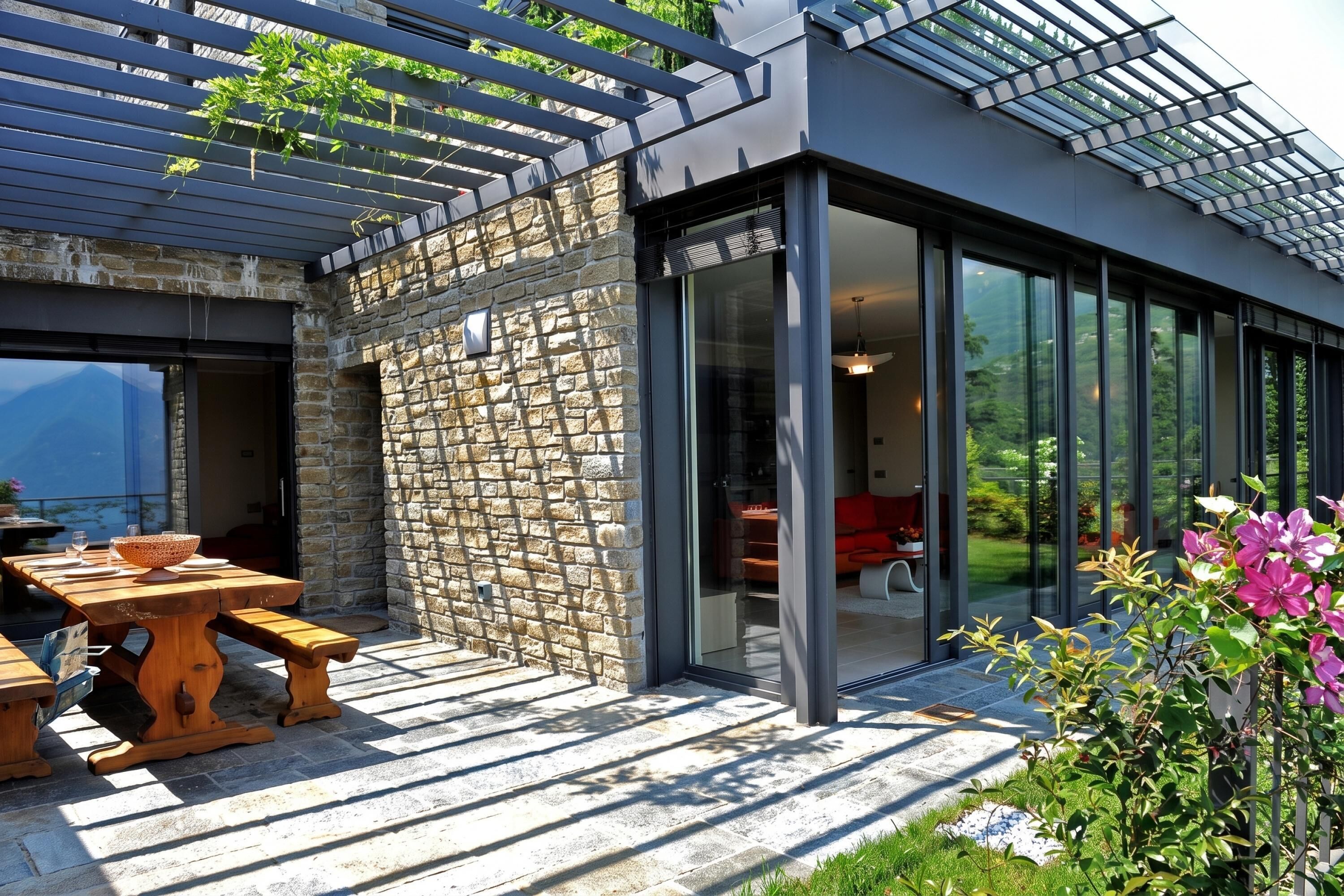 A modern building with stone walls, large glass doors, and a wooden table with benches.