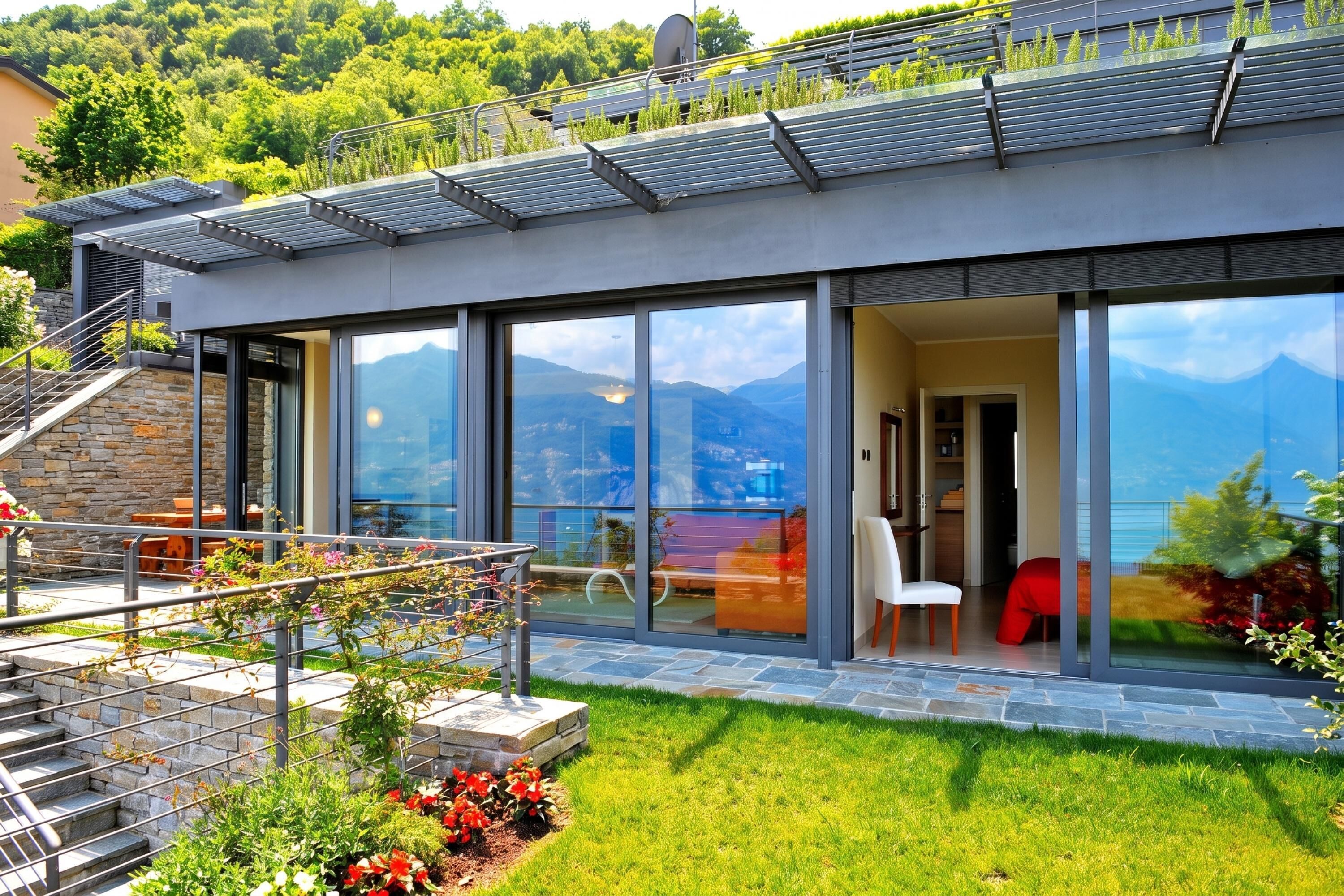 Una casa moderna con amplios ventanales, una escalera de piedra y un jardín.