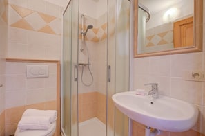 A bathroom with a glass-enclosed shower, a white sink, and a toilet.
