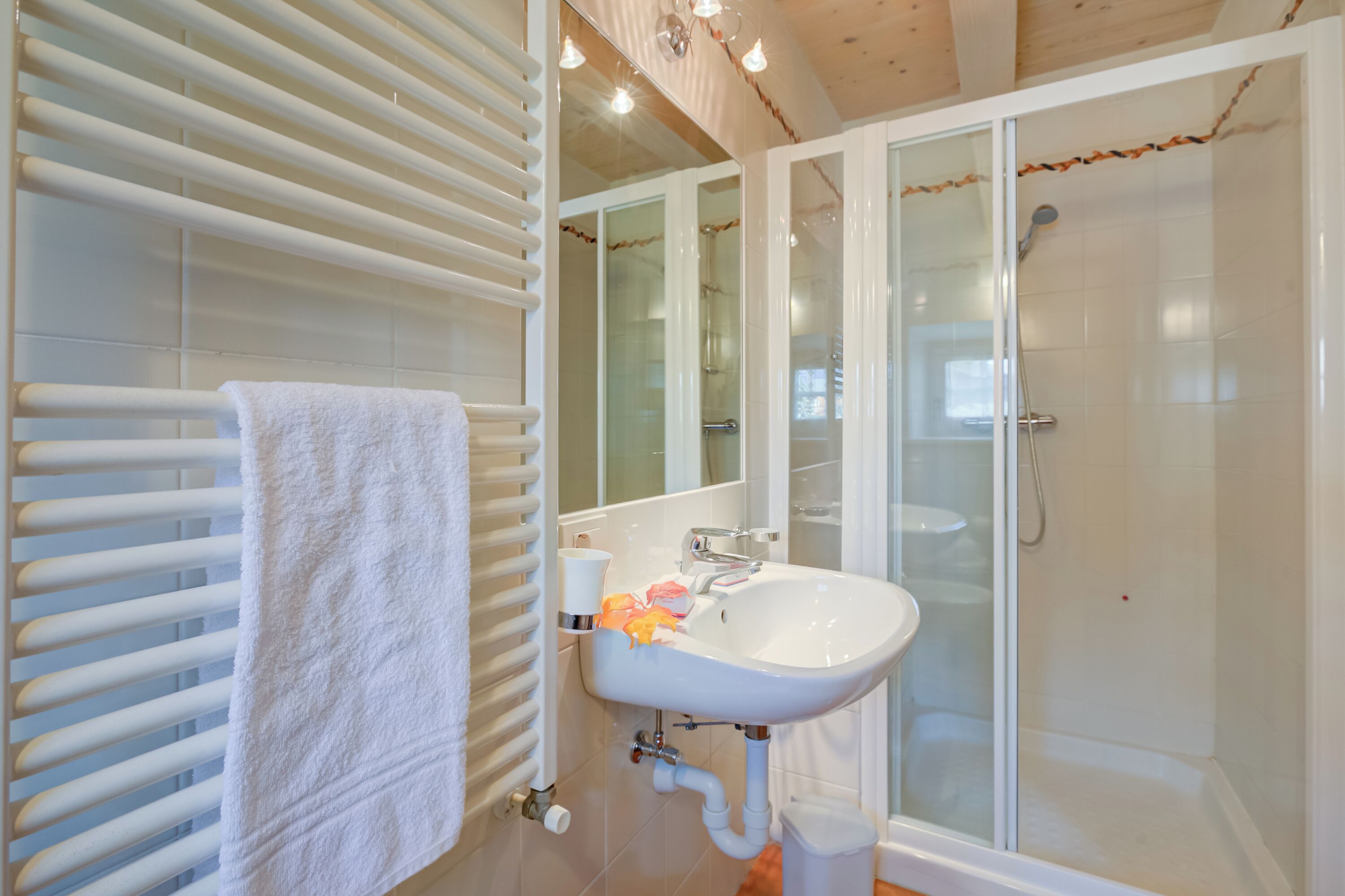 A bathroom with a white sink, a glass shower enclosure, and a towel rack.