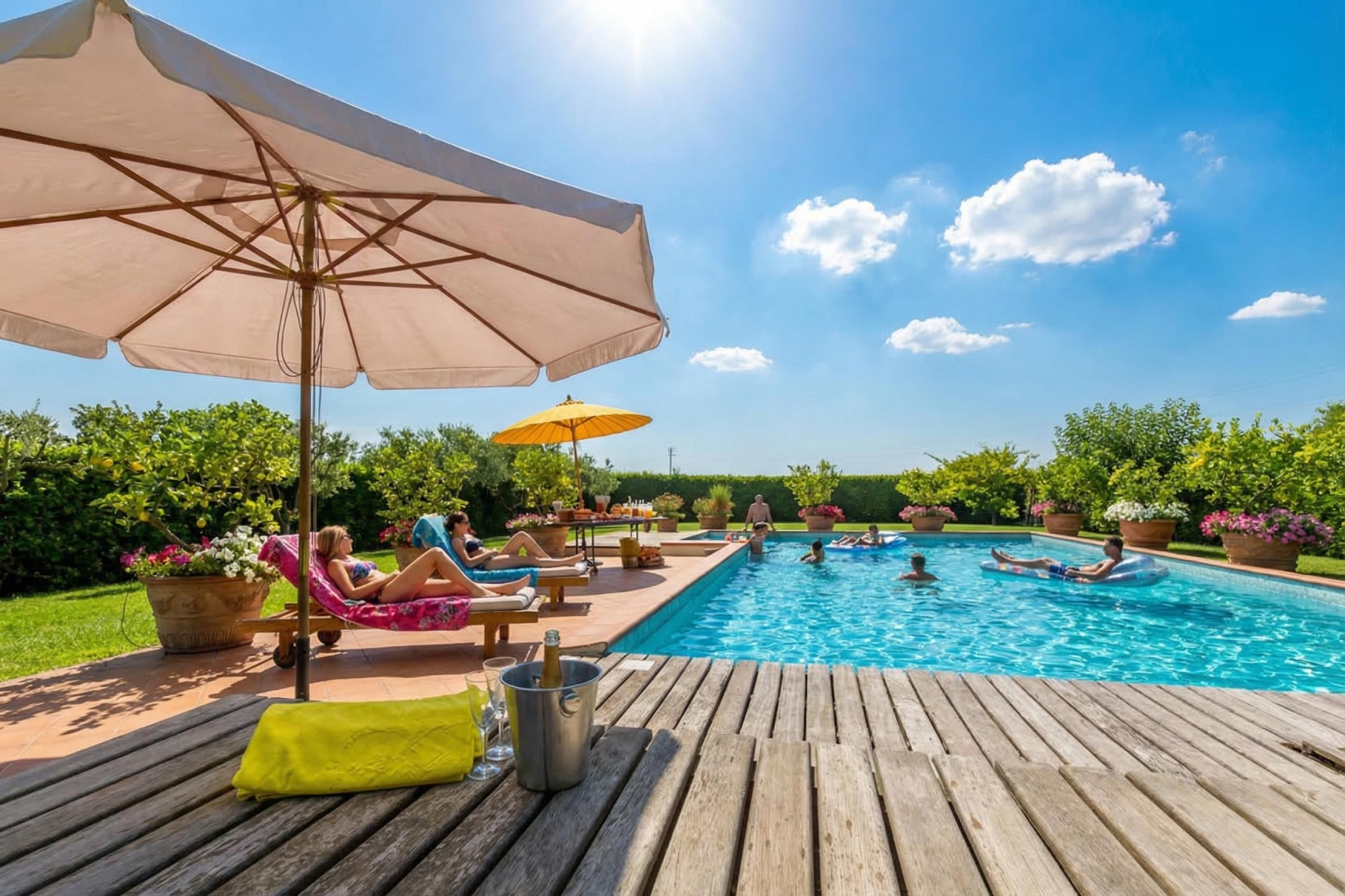Ein Swimmingpool mit Liegestühlen und Sonnenschirmen, umgeben von Grünpflanzen.