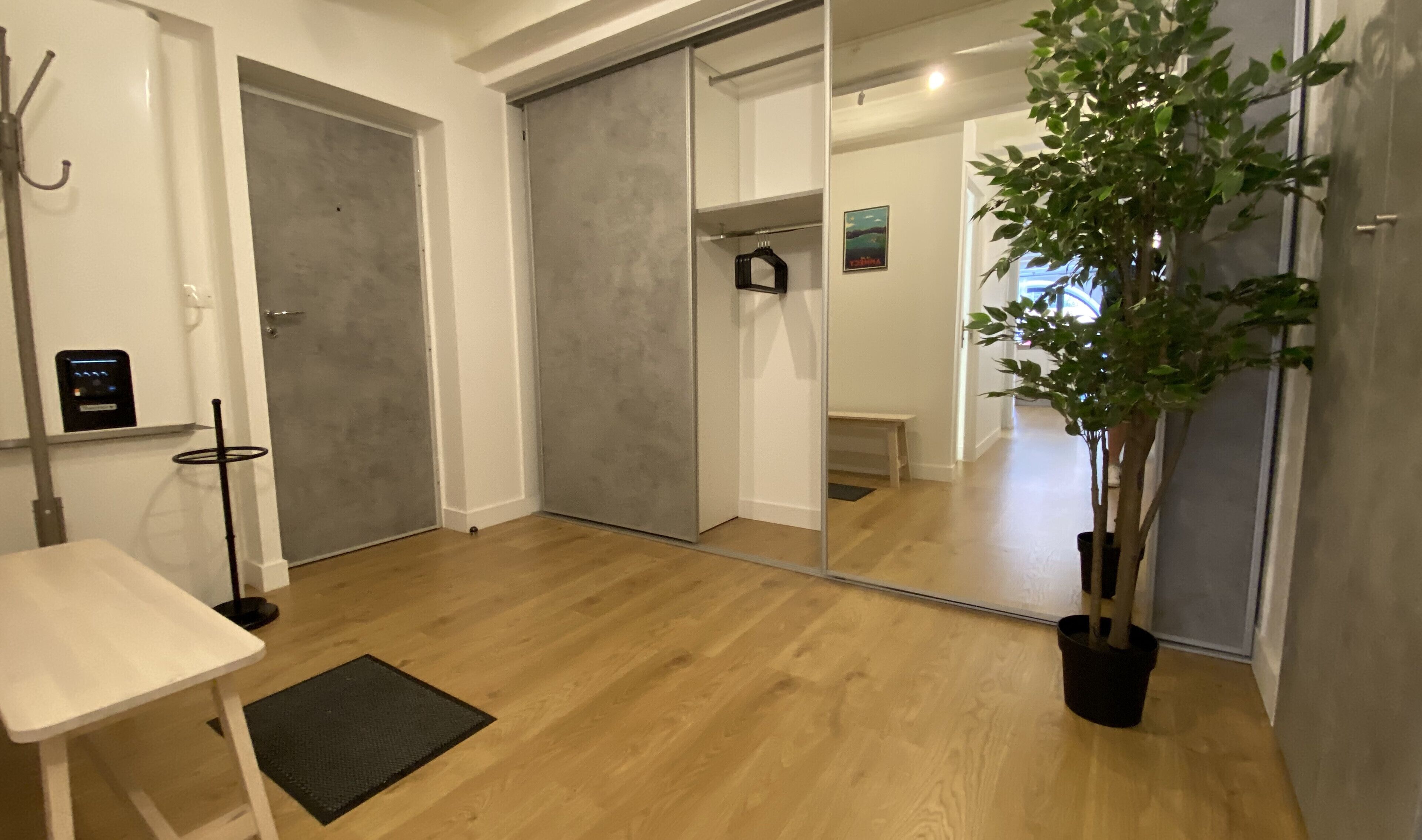 Een kamer met een houten vloer, een witte tafel, een zwarte vloermat, een potplant en een spiegel die een andere kamer weerkaatst.