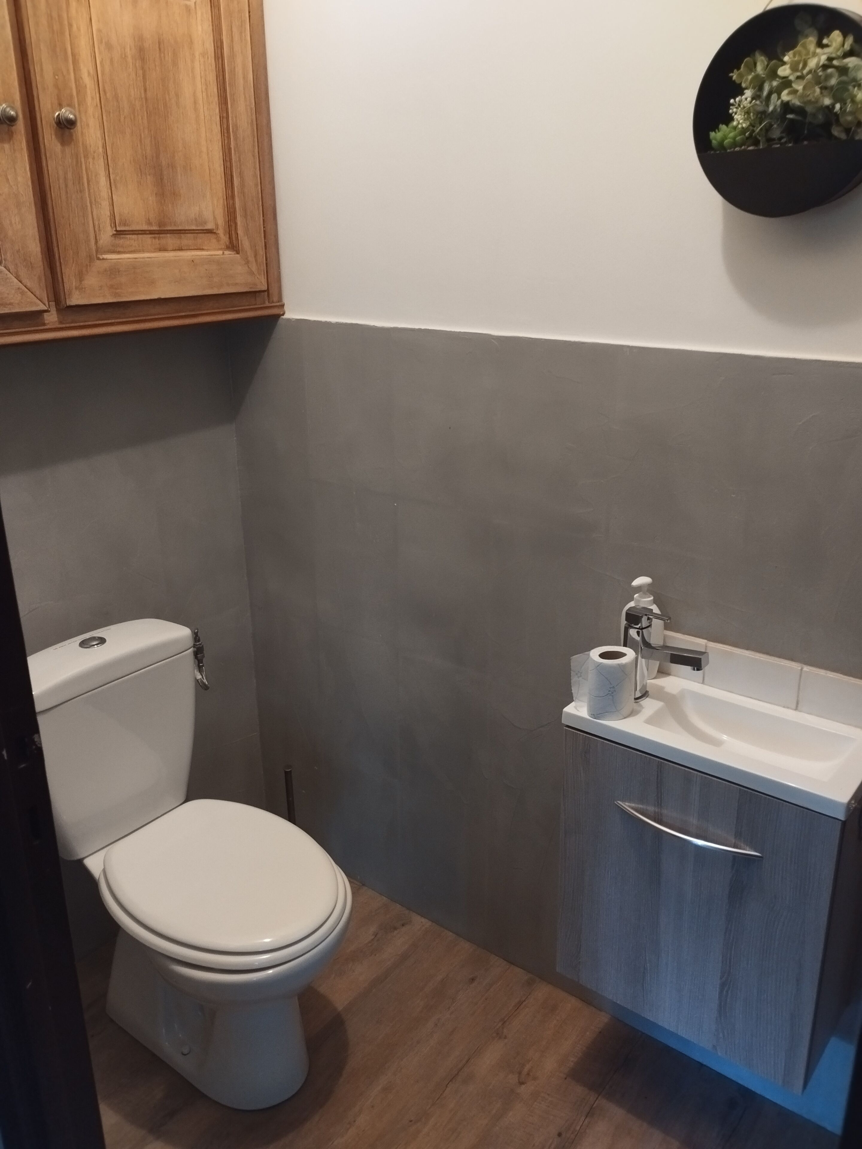 Ein kleines Badezimmer mit Toilette, Waschbecken und Holzschrank.
