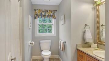 A bathroom with a toilet, a sink, and a mirror.