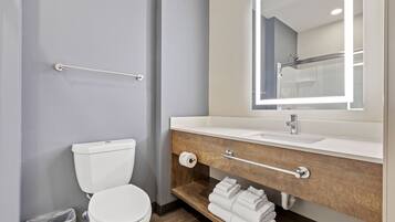 A modern bathroom with a toilet, sink, and mirror.