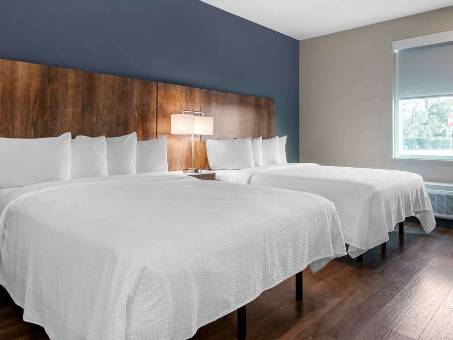 A hotel room with two beds, a wooden headboard, a bedside lamp, and a window with a view of greenery.