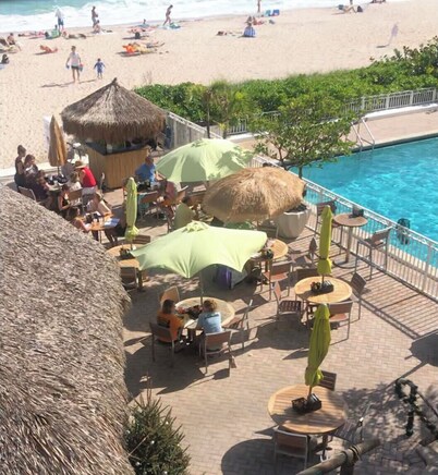 Oceanfront condo, beach, pool. 4 eateries on premises. Rent kayaks and jet skis.