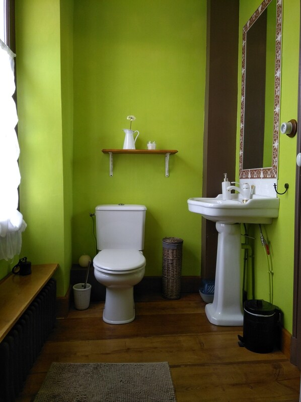 Une salle de bain avec un mur vert, des toilettes blanches, un lavabo blanc et une étagère en bois au-dessus des toilettes.