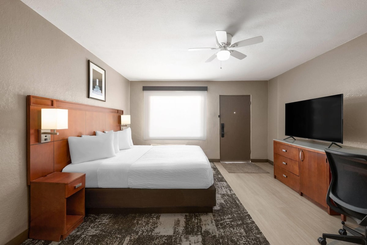 Une chambre d’hôtel avec un grand lit, une télévision, un bureau et un ventilateur de plafond.