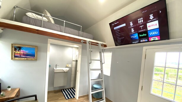 Un espacio habitable compacto con cama tipo altillo, un televisor en la pared mostrando servicios de streaming, un baño pequeño y piso de madera.