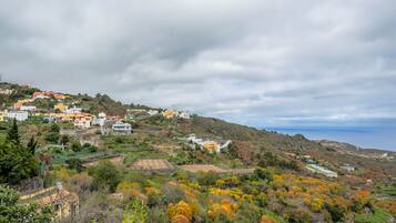 A coastal village with buildings on a hillside, a view of the sea, and autumn-colored trees.