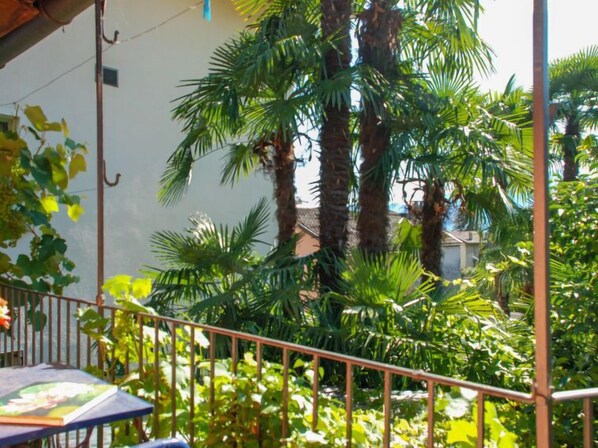A balcony with a metal railing, surrounded by lush green plants and palm trees. - Verzaschina by Interhome (Gordola)