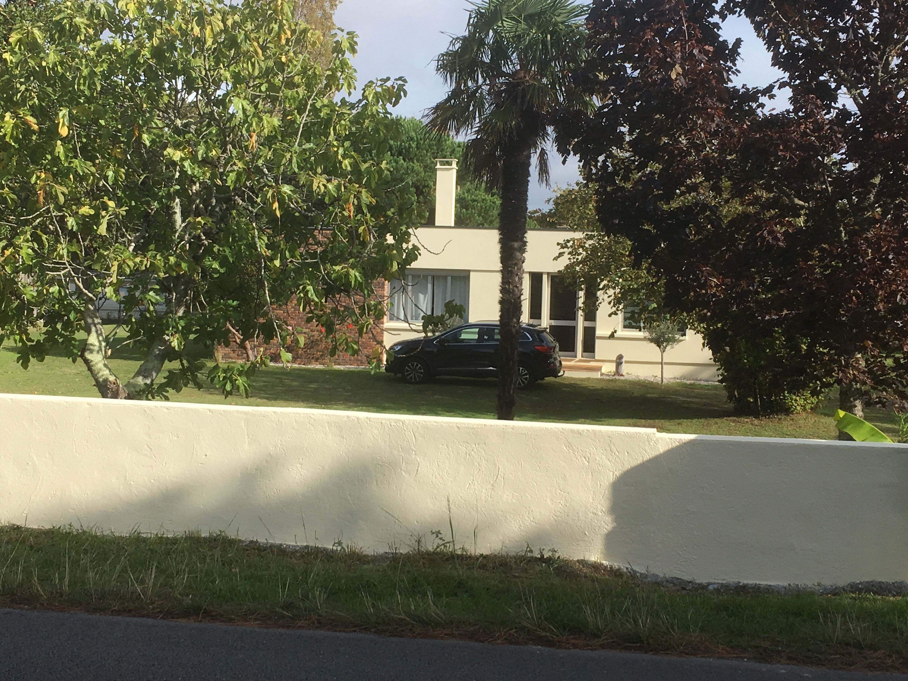 A modern house with a car parked in the driveway, surrounded by trees and a well-maintained lawn.