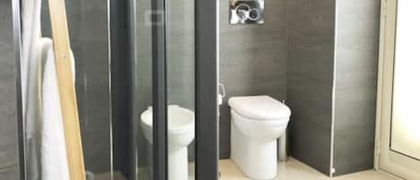 Regadera, secadora de cabello, bidet, toallas