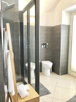 Shower, hair dryer, bidet, towels
