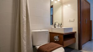 A modern bathroom with a toilet, sink, and mirror. - Cening Ayu Sanur (Denpasar)