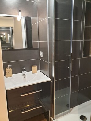 Shower, hair dryer, soap, toilet paper
