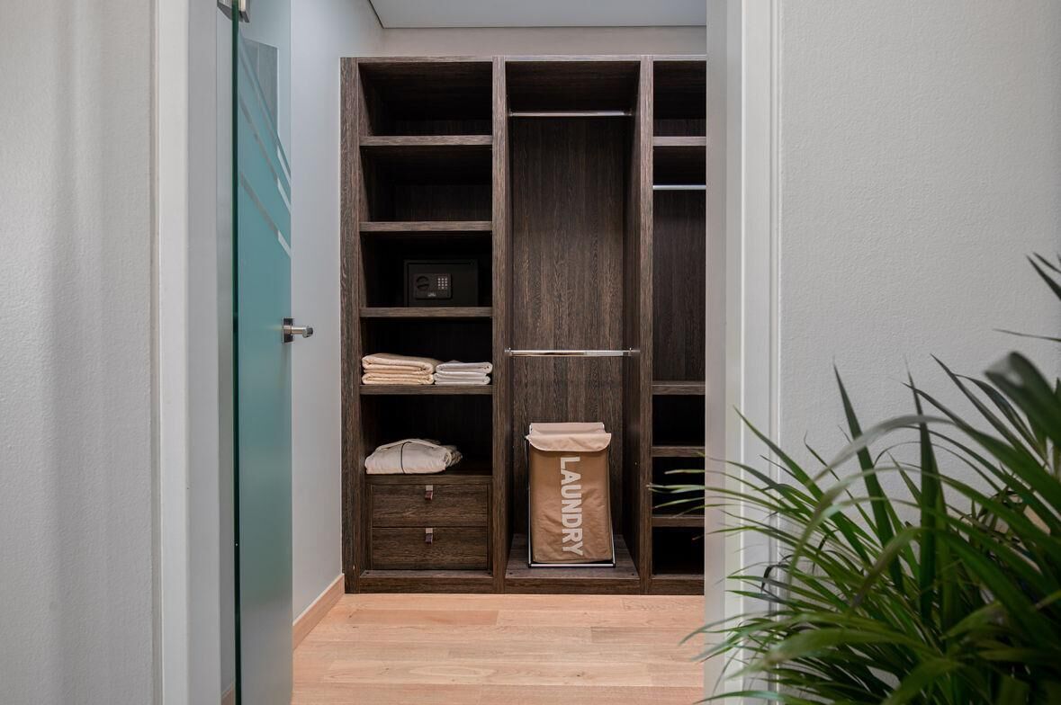 A hallway with a wooden wardrobe, a glass door, and a plant.