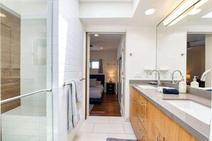 Shower, hair dryer, shampoo