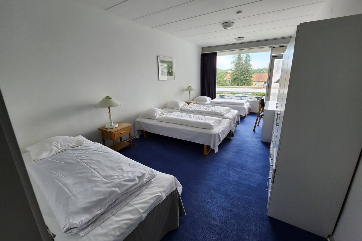 Habitación de hotel con dos camas individuales, un escritorio, una silla, una lámpara y vistas al exterior.