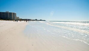Une plage avec une longue étendue de sable et quelques personnes qui se promènent. On aperçoit des bâtiments au loin.