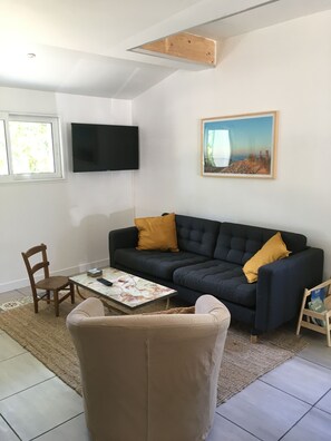 Televisión, reproductor de DVD, libros y oficina 