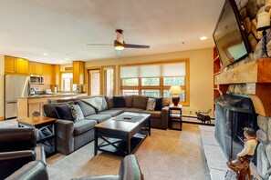 テレビ、暖炉、書庫