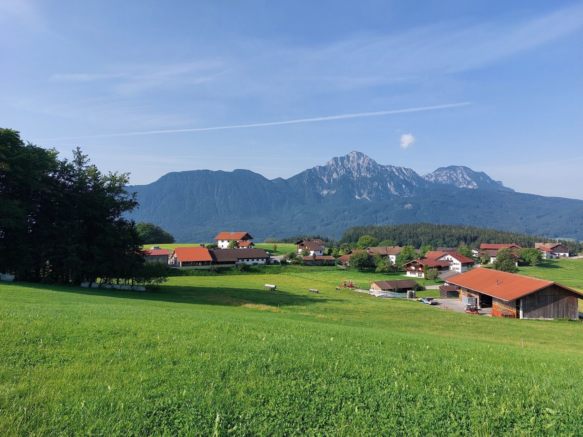 A rural village with houses and a mountain backdrop.
