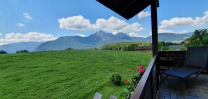 En balkong med utsikt över en grön äng och berg.