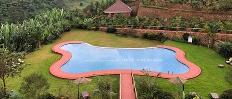 A swimming pool with a red border, surrounded by a well-maintained lawn and tropical plants.