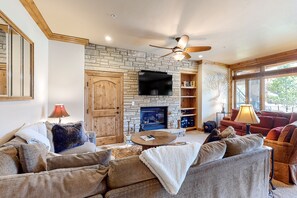 TV, fireplace, books