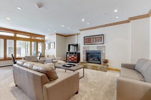 TV, fireplace, books