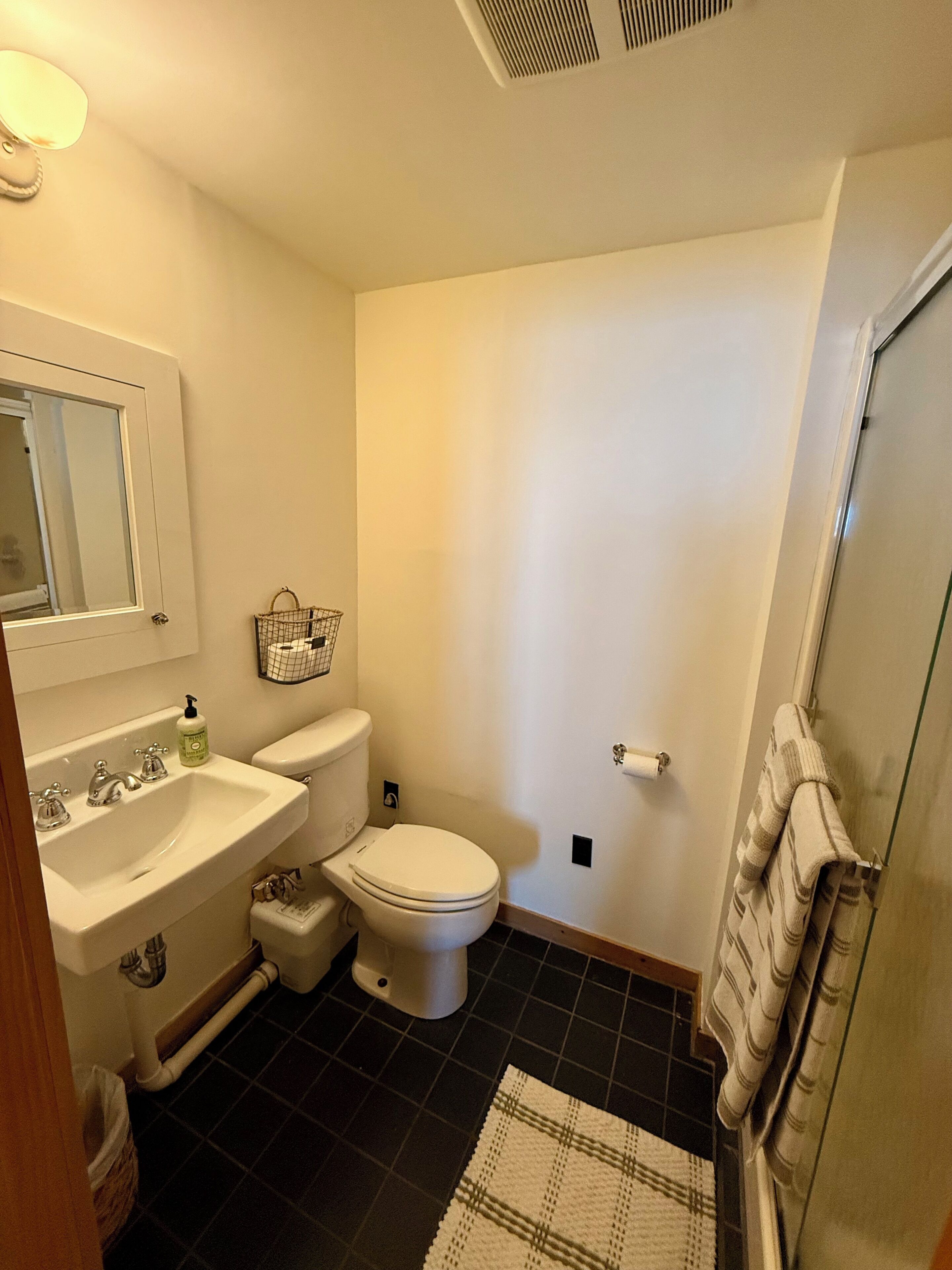 Une salle de bain avec un lavabo, des toilettes et un miroir.