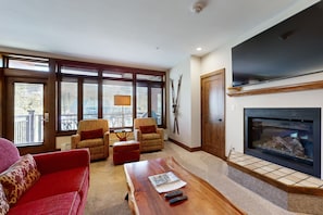 TV, fireplace, books