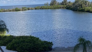 A beach with a calm lake, sandy shore, and a few trees. - Hudson Hideaway: 2 BR/2 Bath Gulf Front Condo,Stunning Sunset from 27' Balcony (Hudson)
