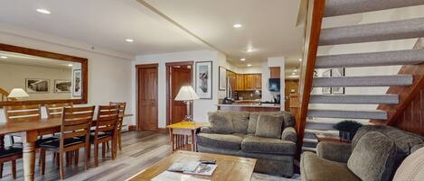 TV, fireplace, books