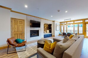 TV, fireplace, books