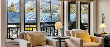 TV, fireplace, books