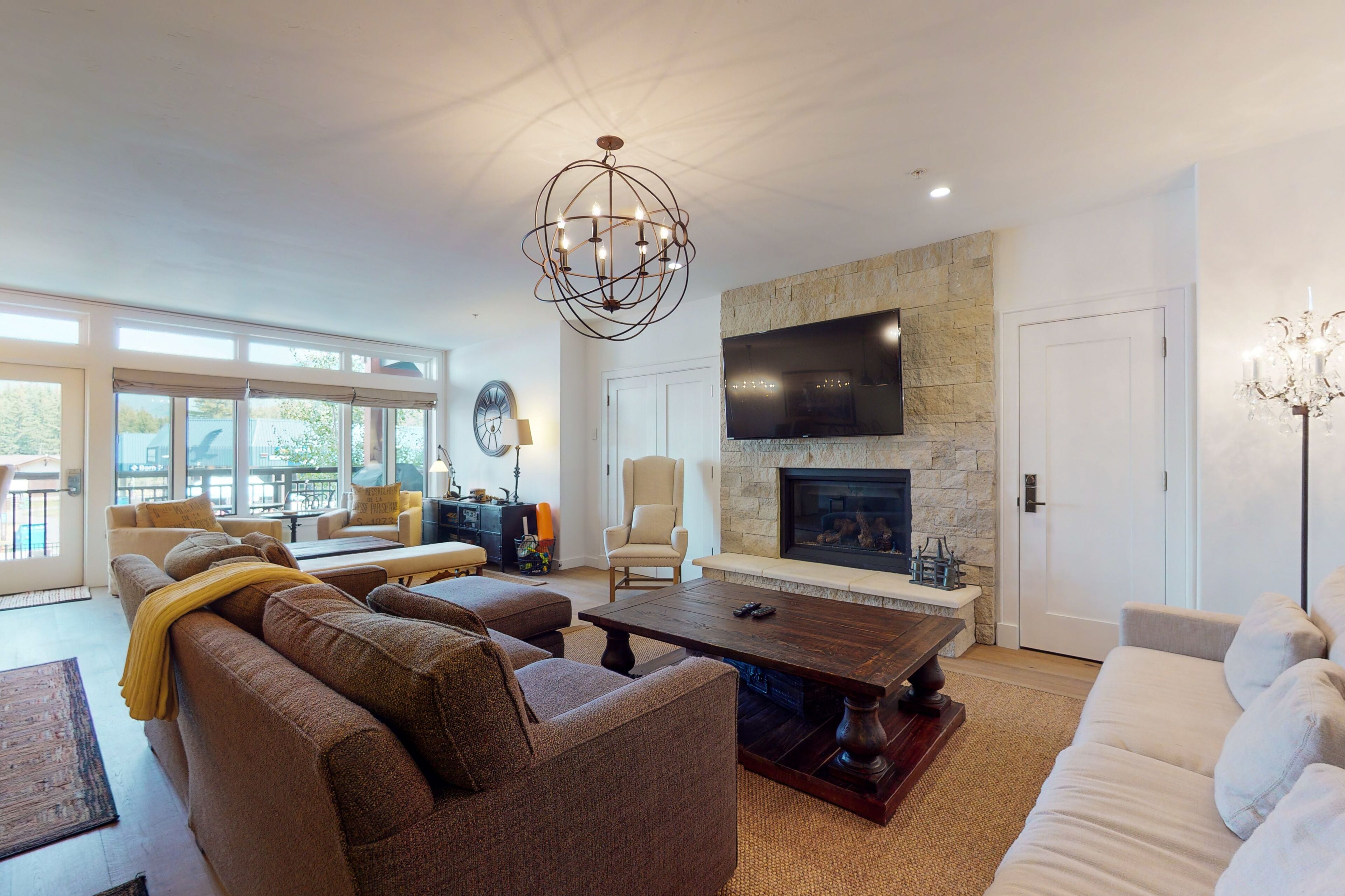 TV, fireplace, books