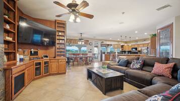 Smart TV, fireplace, video games, DVD player