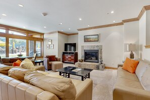 TV, fireplace, books