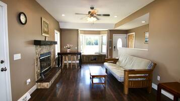 Smart TV, fireplace, DVD player, foosball
