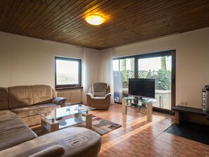 Een flatscreentelevisie, een open haard, een dvd-speler en tafelvoetbal