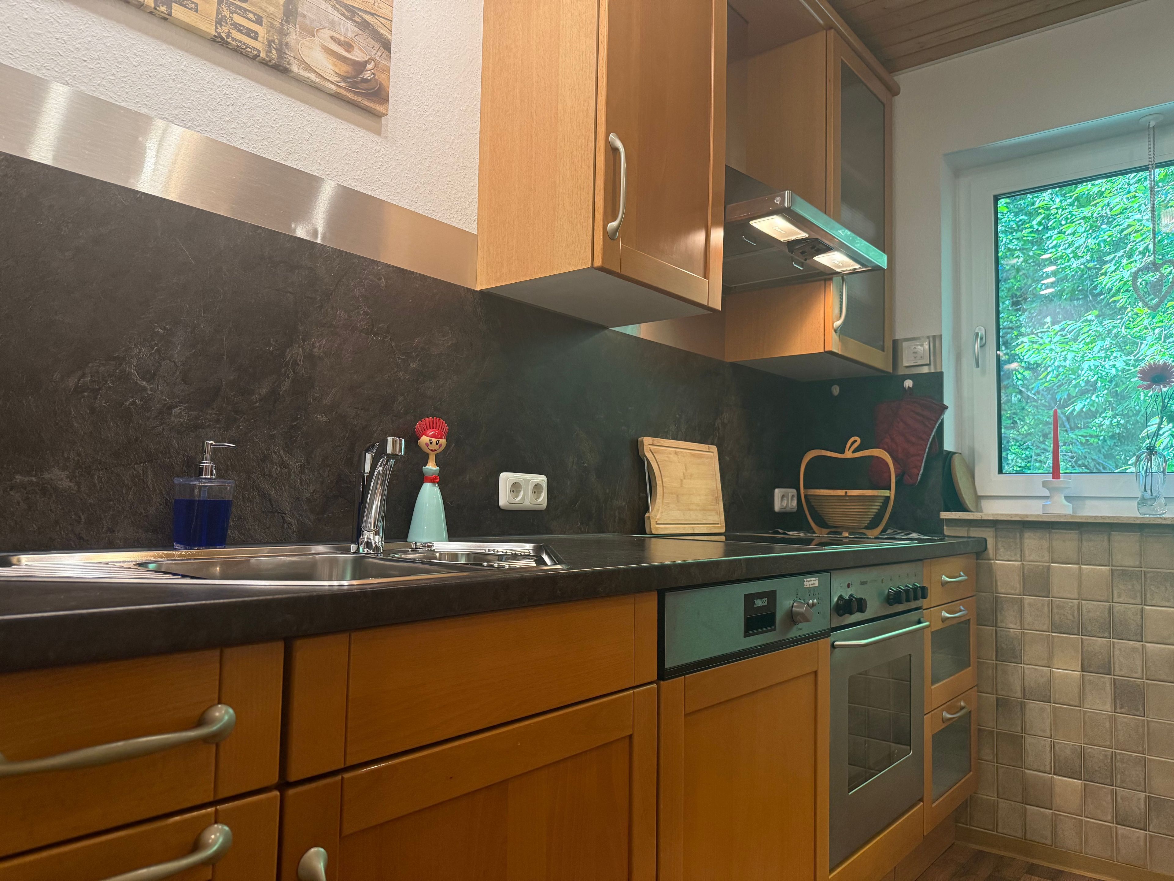 Una cocina con armarios de madera, un lavamanos de acero inoxidable, un horno empotrado y una ventana con vistas a la vegetación.