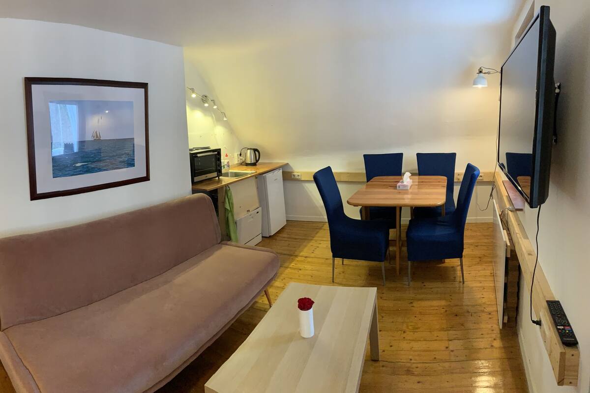 A cozy living room with a sofa, a dining table with chairs, a TV, and a framed picture on the wall.