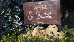 A wooden sign with the text "Sa Branda" and decorative elements, set against a backdrop of flowering plants and rocks.