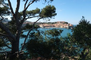 Un pueblo costero con vista al mar y edificios al fondo.